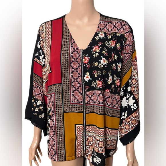 Chico’s Boho Patchwork Floral Print Zip Kimono Top Blouse 1 (M) Fringe Cuff Boho - Picture 2 of 7